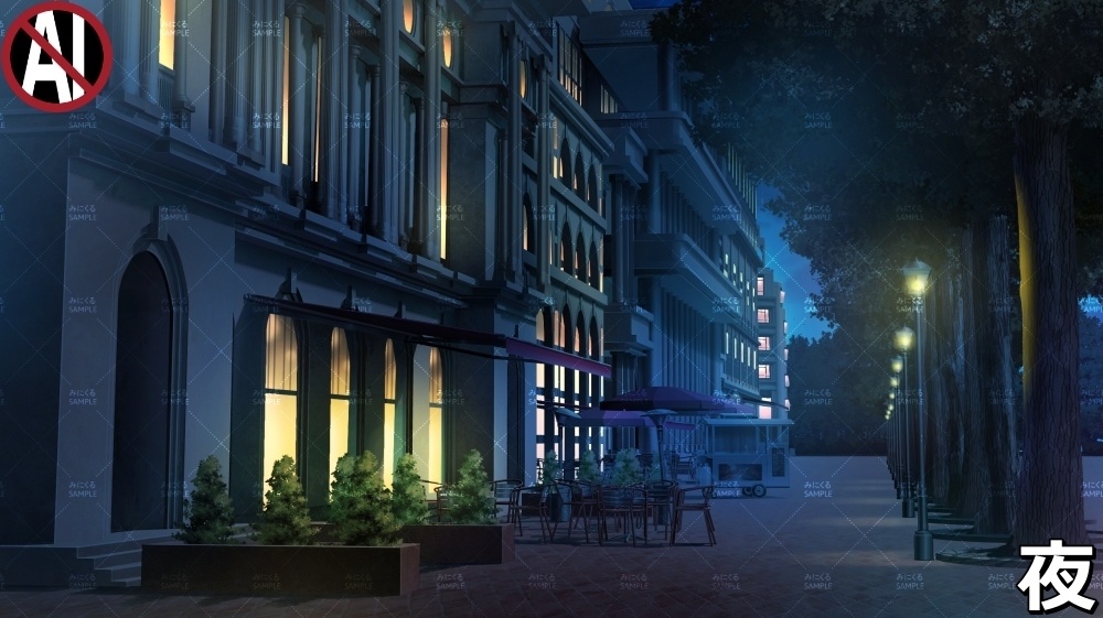 【背景素材】お洒落なカフェと並木道_春/海外の街路 (ヨーロッパ風編01-twstreet001)