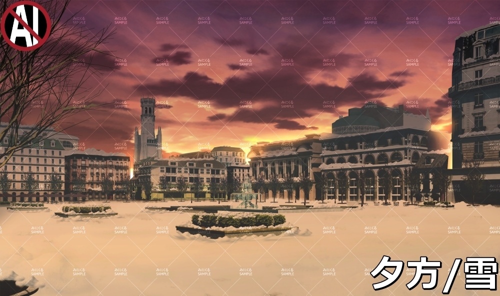 【背景素材】噴水広場_冬/雪 (ヨーロッパ風編01-twhiroba_001_win_sn)