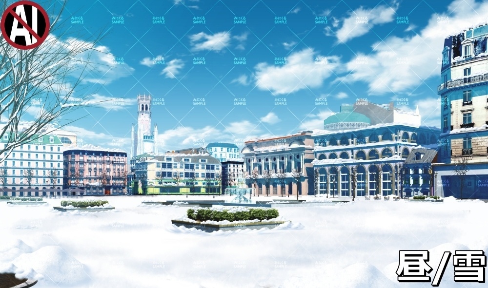 【背景素材】噴水広場_冬/雪 (ヨーロッパ風編01-twhiroba_001_win_sn)