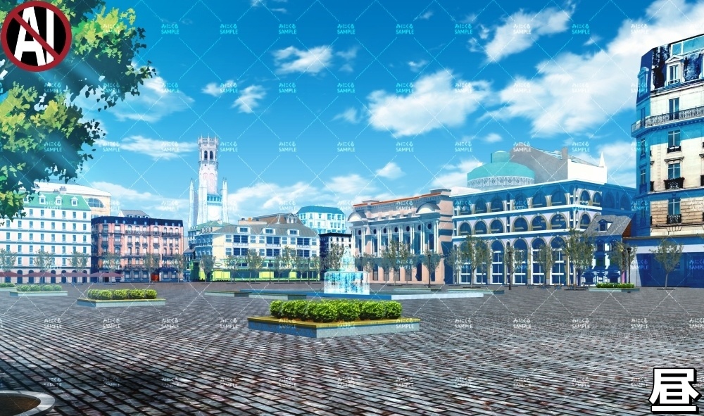 【背景素材】噴水広場_春 (ヨーロッパ風編01-twhiroba_001_sp)