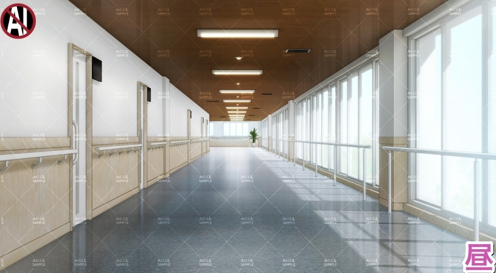 【背景素材】入院棟_廊下(病院編part02B-hospital-ward)