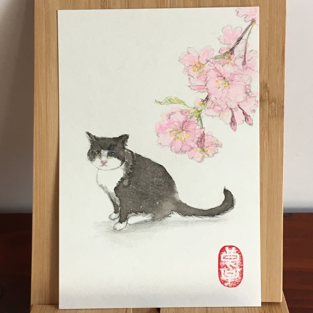 【水彩画】『猫と桜』【原画】