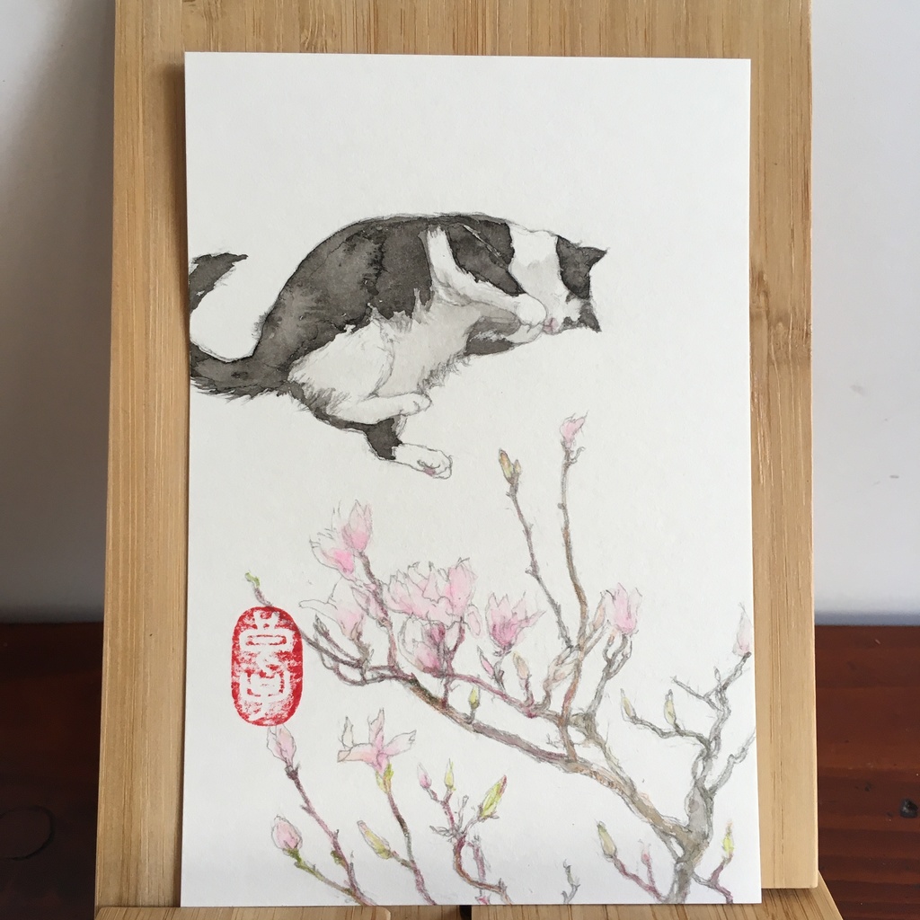 【水彩画】『木蓮と夢見る猫』【原画】