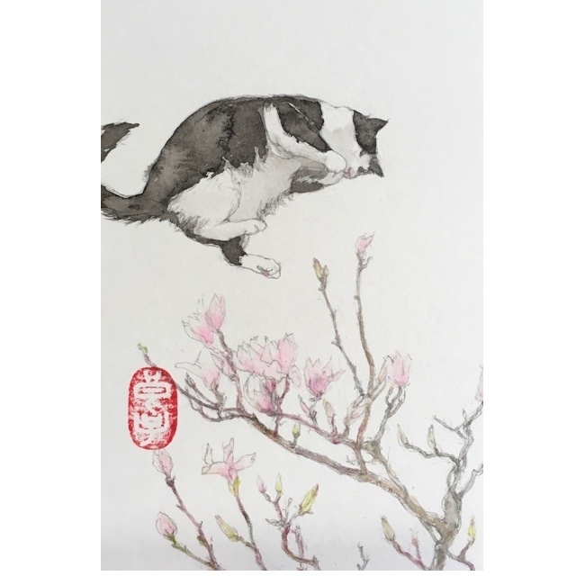 【水彩画】『木蓮と夢見る猫』【原画】