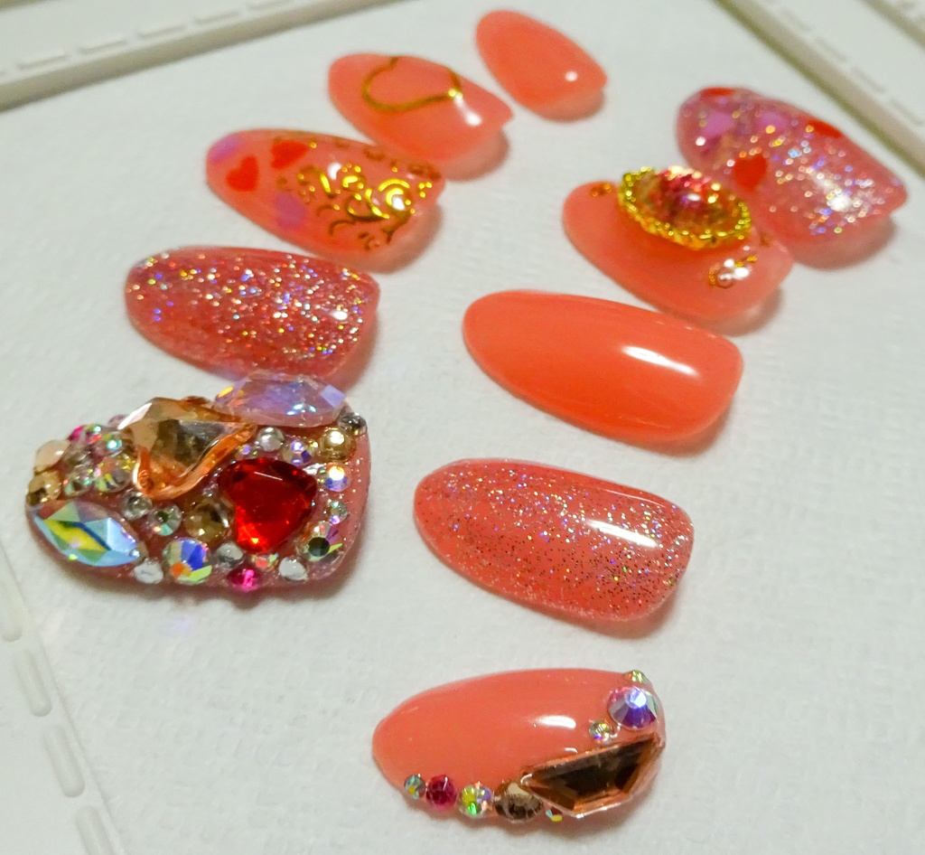 サーモンピンク ハート ネイルチップ No,9