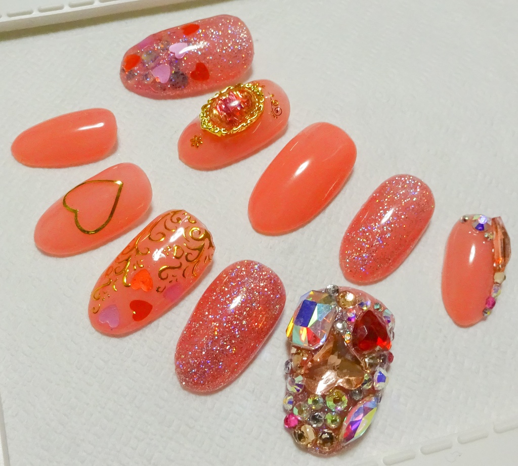 サーモンピンク ハート ネイルチップ No,9