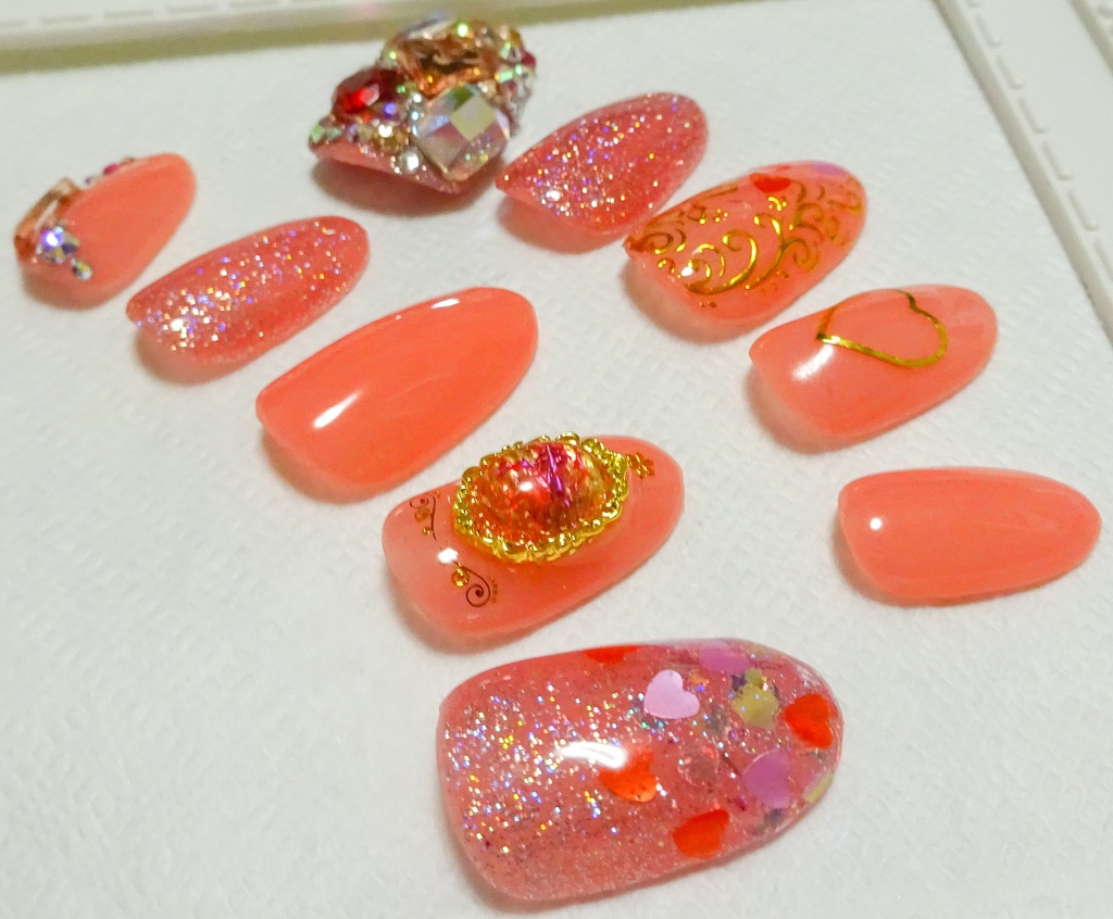 サーモンピンク ハート ネイルチップ No,9