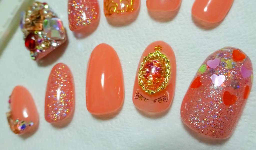 サーモンピンク ハート ネイルチップ No,9