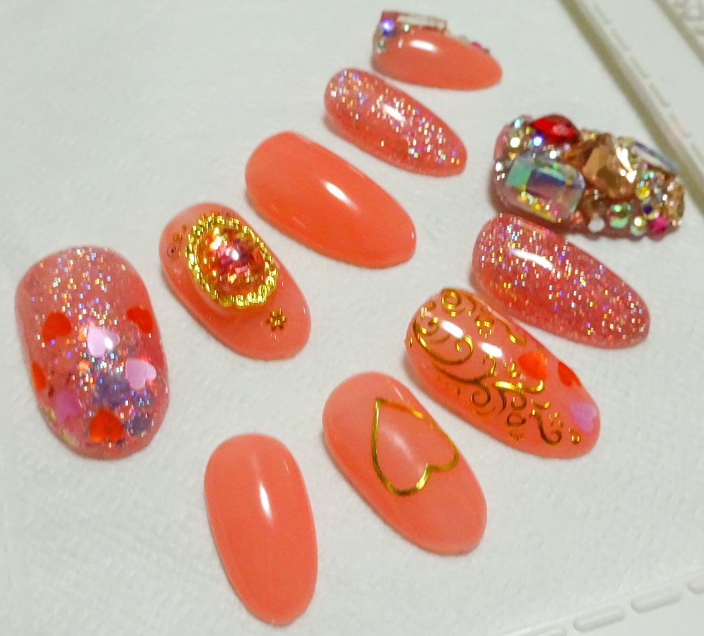 サーモンピンク ハート ネイルチップ No,9