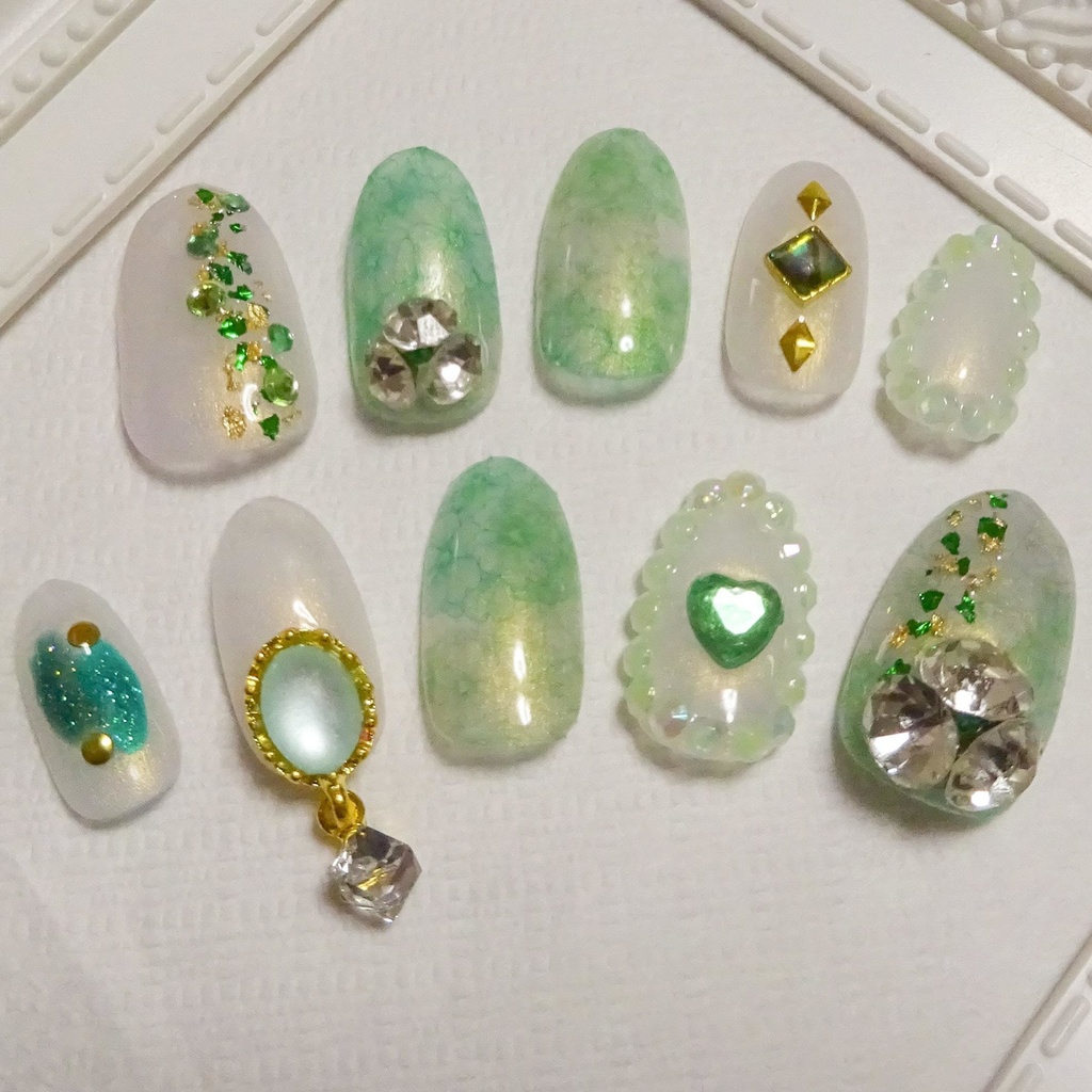 グリーン ホワイト 花 フラワー ネイルチップ No,14