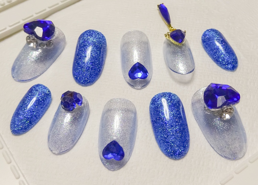 ブルー ハート ラメ ネイルチップ No,16