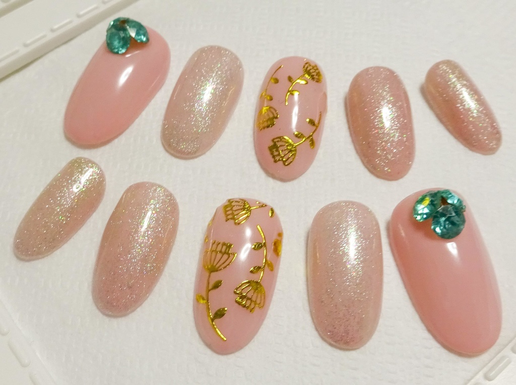 グリーン ピンク ラメ ネイルチップ No,18