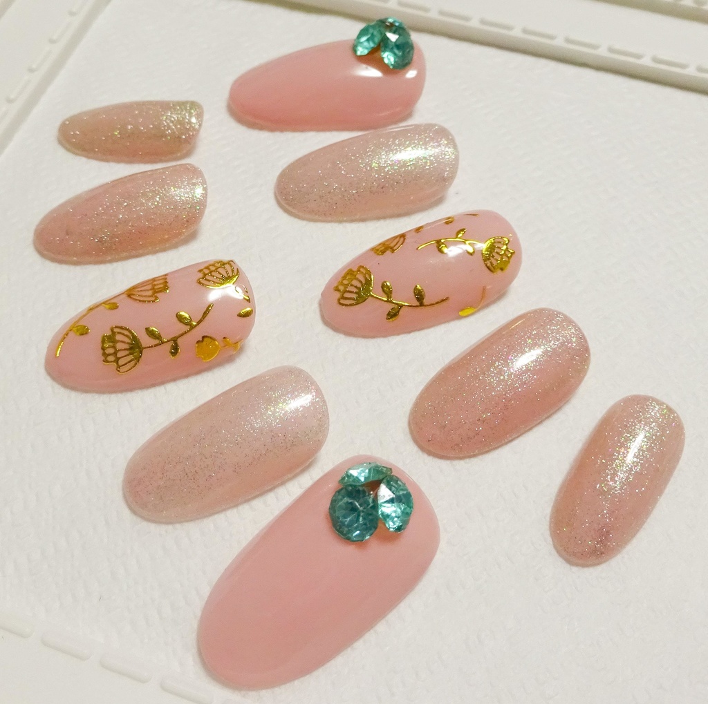 グリーン ピンク ラメ ネイルチップ No,18