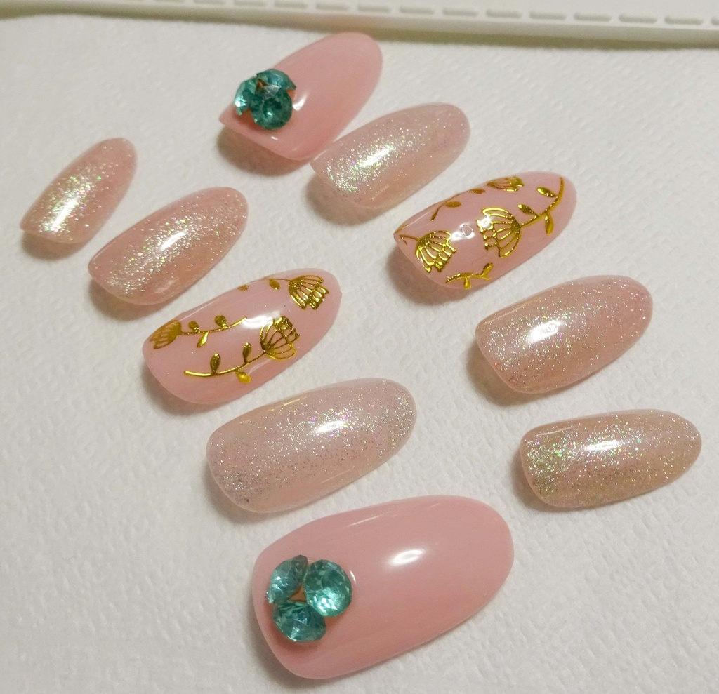 グリーン ピンク ラメ ネイルチップ No,18