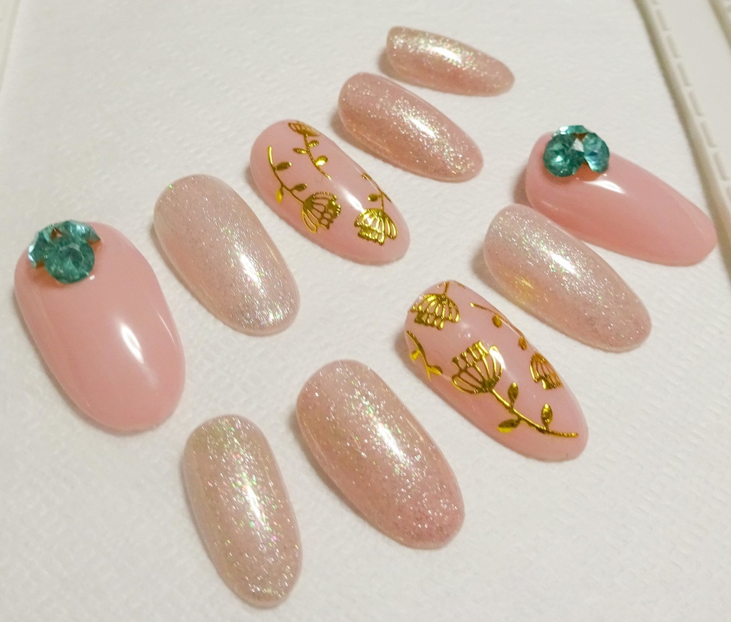 グリーン ピンク ラメ ネイルチップ No,18