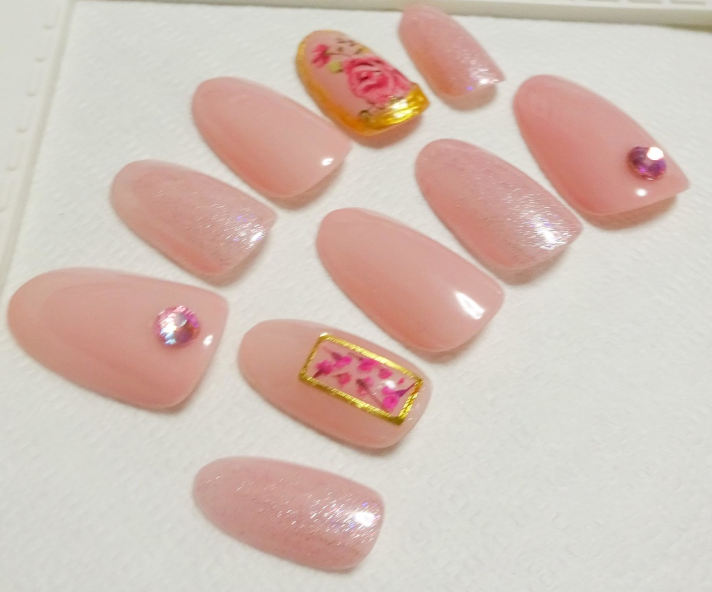 フラワー 花 ピンク ラメ ネイルチップ No,19