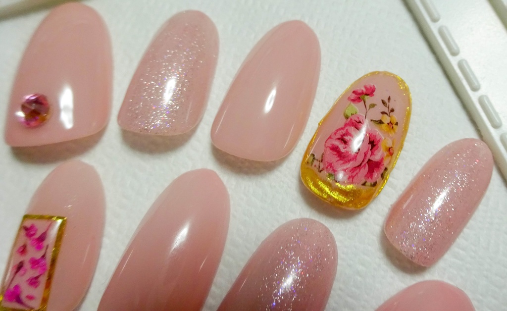 フラワー 花 ピンク ラメ ネイルチップ No,19