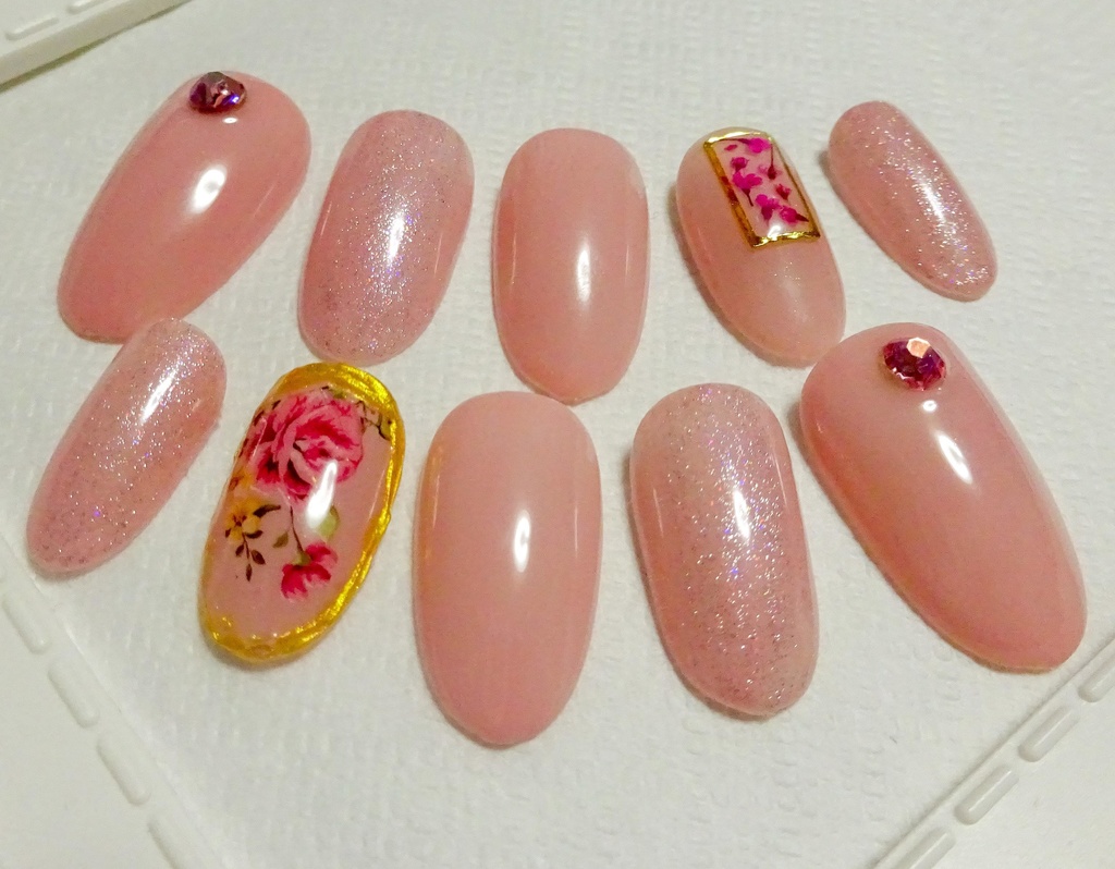 フラワー 花 ピンク ラメ ネイルチップ No,19