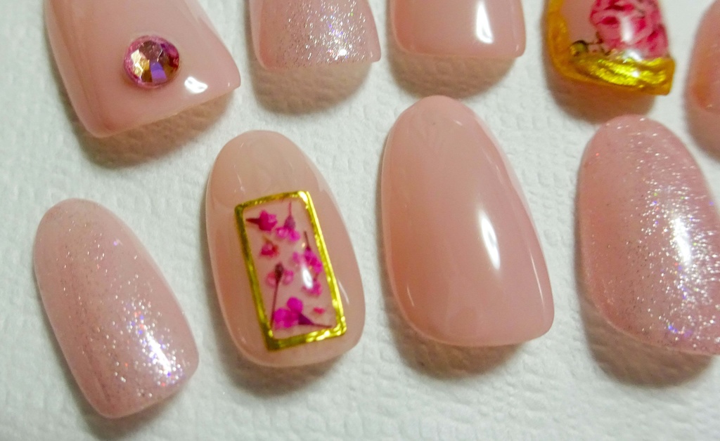 フラワー 花 ピンク ラメ ネイルチップ No,19