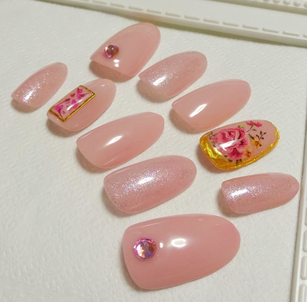 フラワー 花 ピンク ラメ ネイルチップ No,19