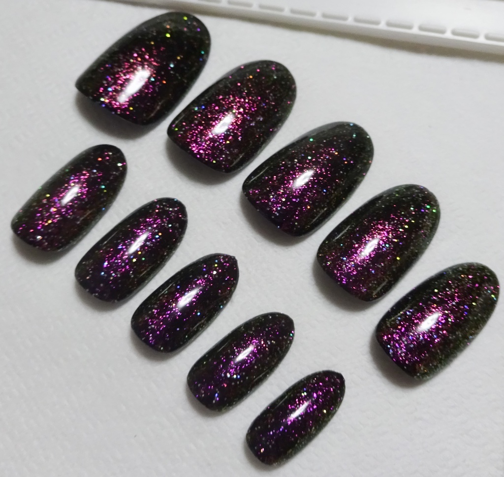 ピンクパープル ブラック 黄緑 紫 黒 推し色 ラメカラー ネイルチップ No,4