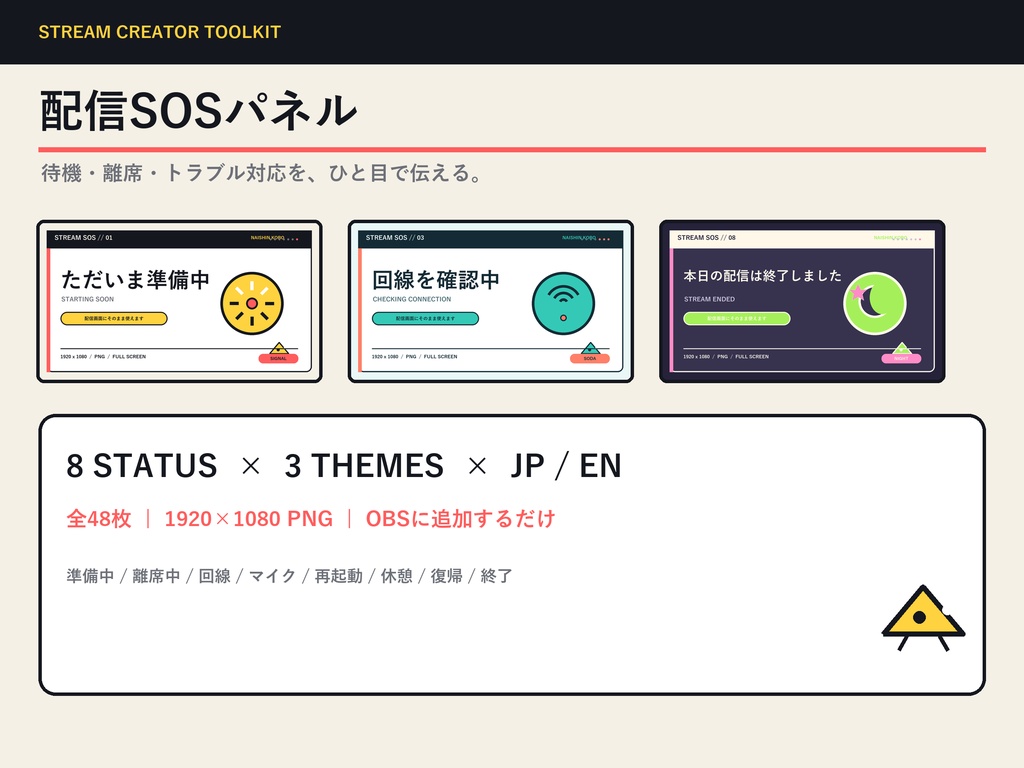 【配信者向け】配信SOSパネル｜待機・離席・トラブル対応48枚