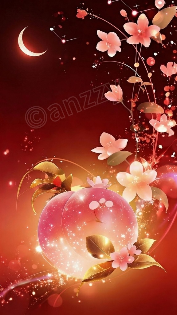 魔除けと良縁の『月と桃』ループ動画素材2(茶)+画像2枚