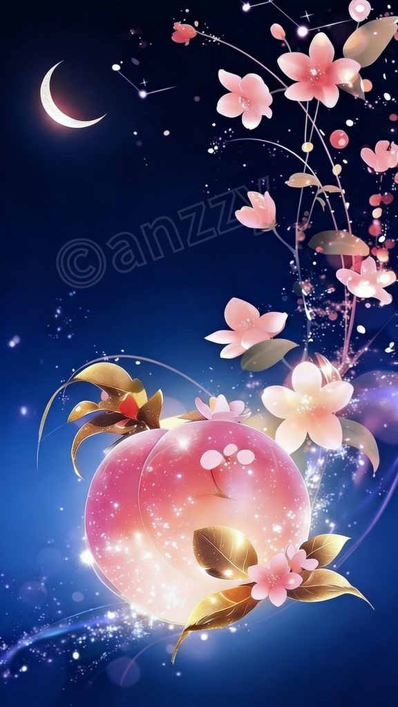 魔除けと良縁の『月と桃』ループ動画素材3(青)+画像2枚