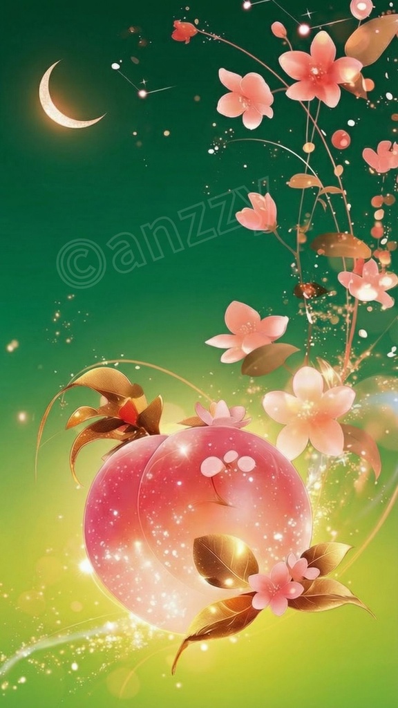 魔除けと良縁の『月と桃』ループ動画素材4(緑)+画像2枚