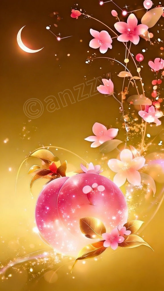 魔除けと良縁の『月と桃』ループ動画素材5(金)+画像2枚