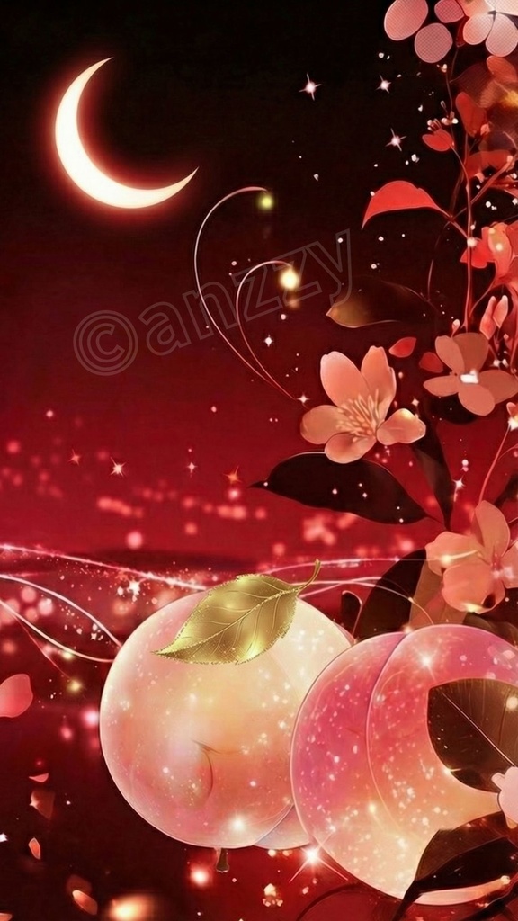 魔除けと良縁の『月と桃』ループ動画素材1(赤)+画像2枚