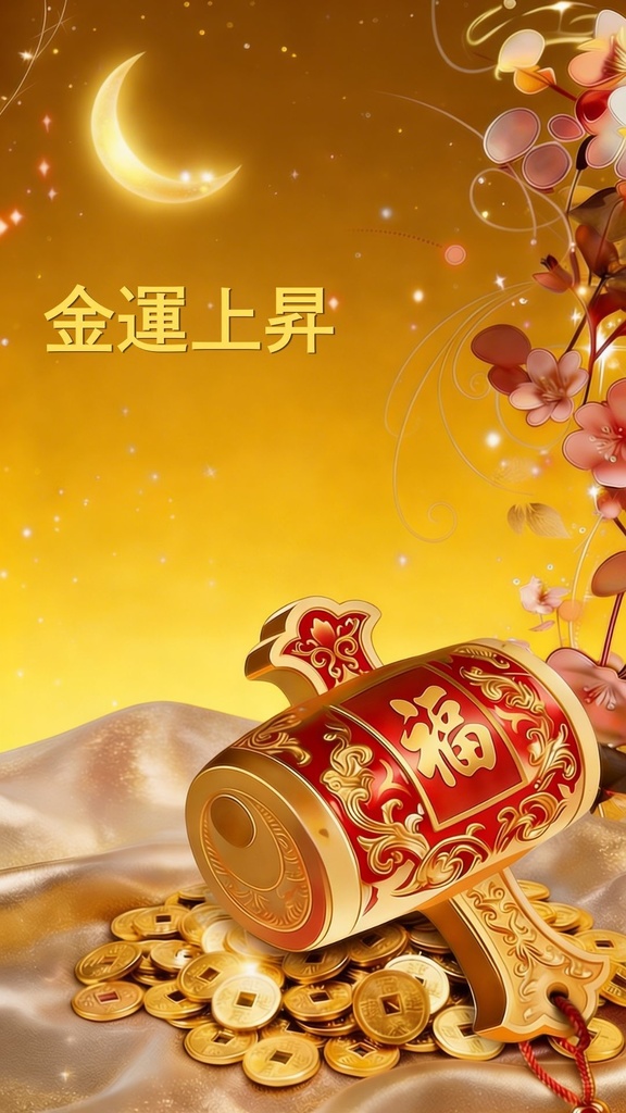 幸福と金運を呼ぶ『打ち出の小槌』ループ動画素材2(ピンク)+画像2枚