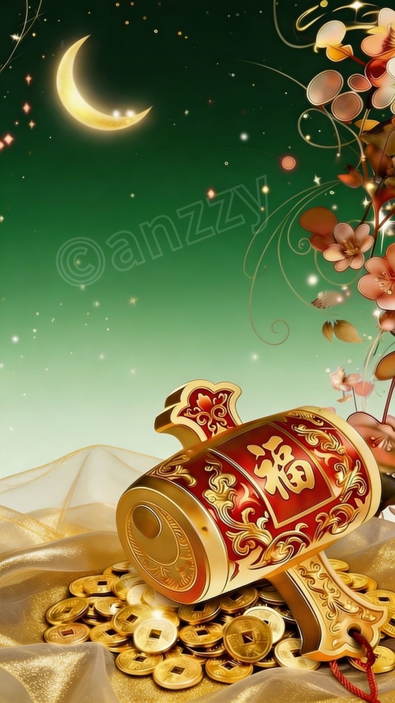 幸福と金運を呼ぶ『打ち出の小槌』ループ動画素材３（緑・赤）＋画像２枚