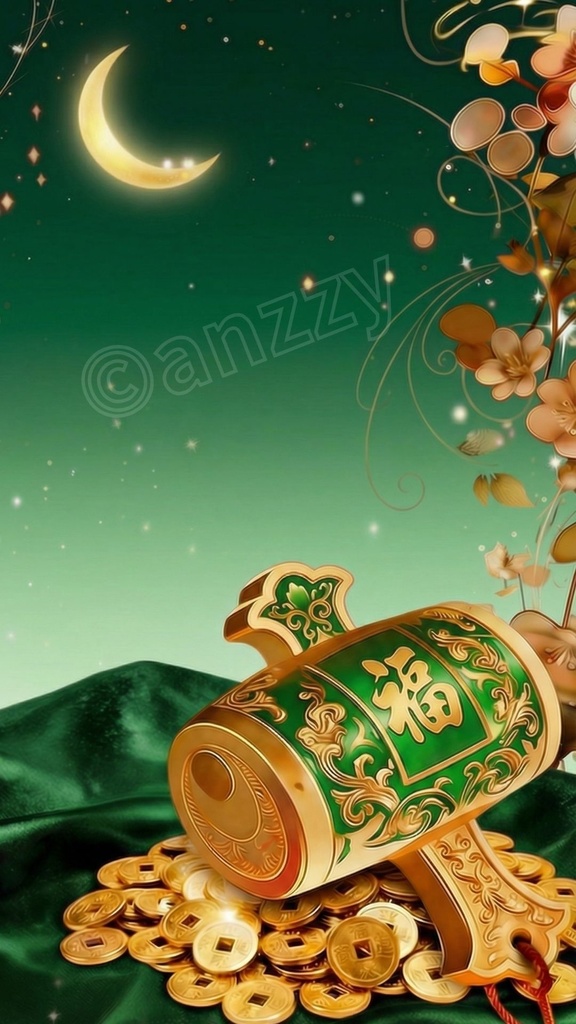 幸福と金運を呼ぶ『打ち出の小槌』ループ動画素材４（緑・緑）＋画像２枚