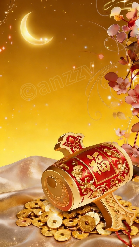 幸福と金運を呼ぶ『打ち出の小槌』ループ動画素材５（金）＋画像２枚