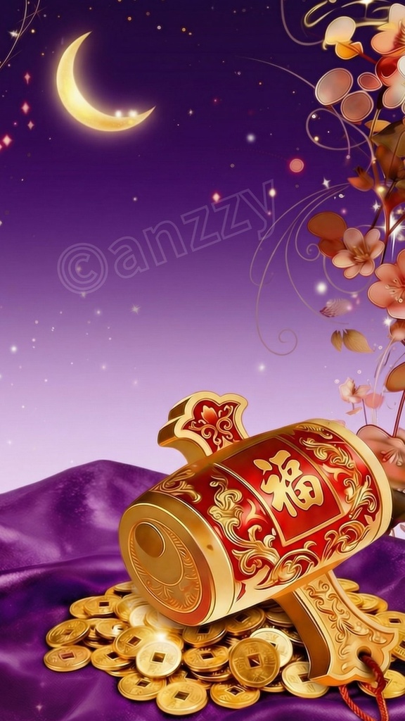 幸福と金運を呼ぶ『打ち出の小槌』ループ動画素材６（紫）＋画像２枚