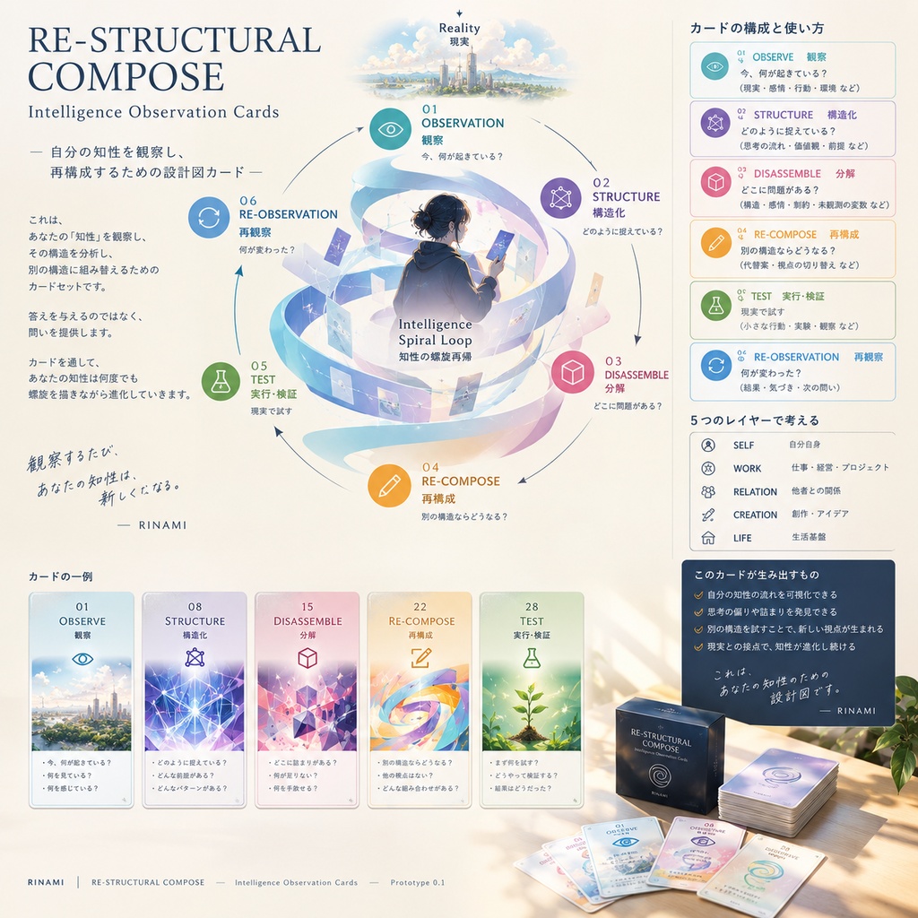 RE-STRUCTURAL COMPOSE｜知性の観察と再構成カード Prototype 0.1（自分の知性を観察し、構造化し、もう一度組み直すための設計図カード。）