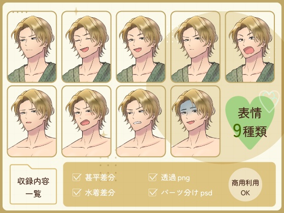 【全身立ち絵素材】金髪不良の男の子(水着・甚平)