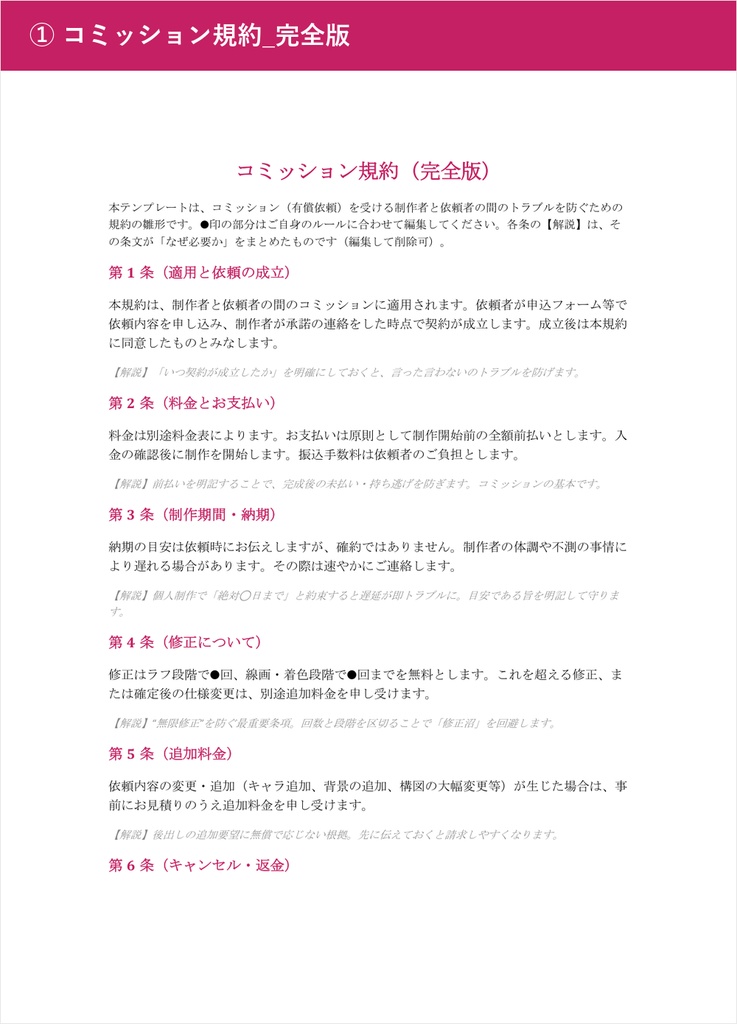 【絵師・VTuber向け】コミッション・トラブル完全対策キット(規約完全版+揉めた時の文例集+料金設計)