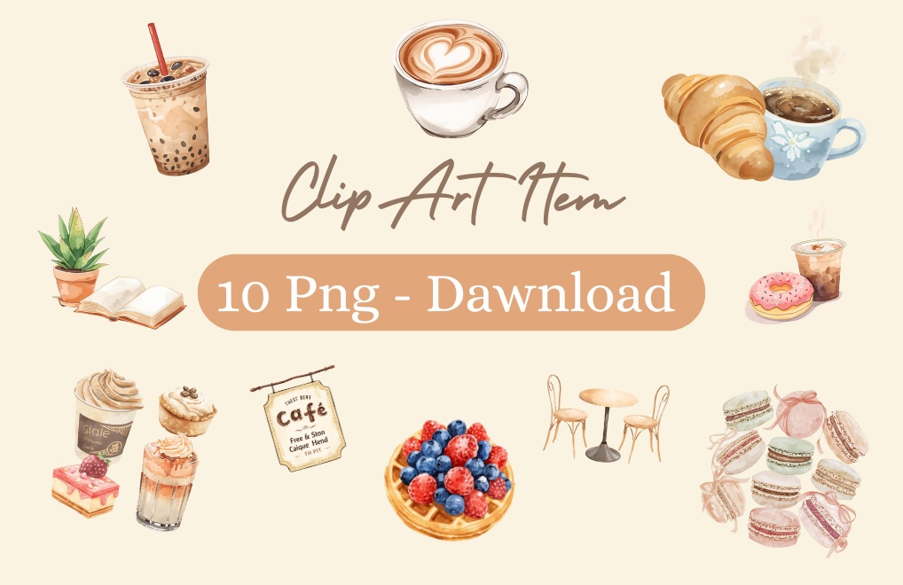 【韓国風カフェシリーズ】 水彩クリップアート10点セット|PNG背景透過