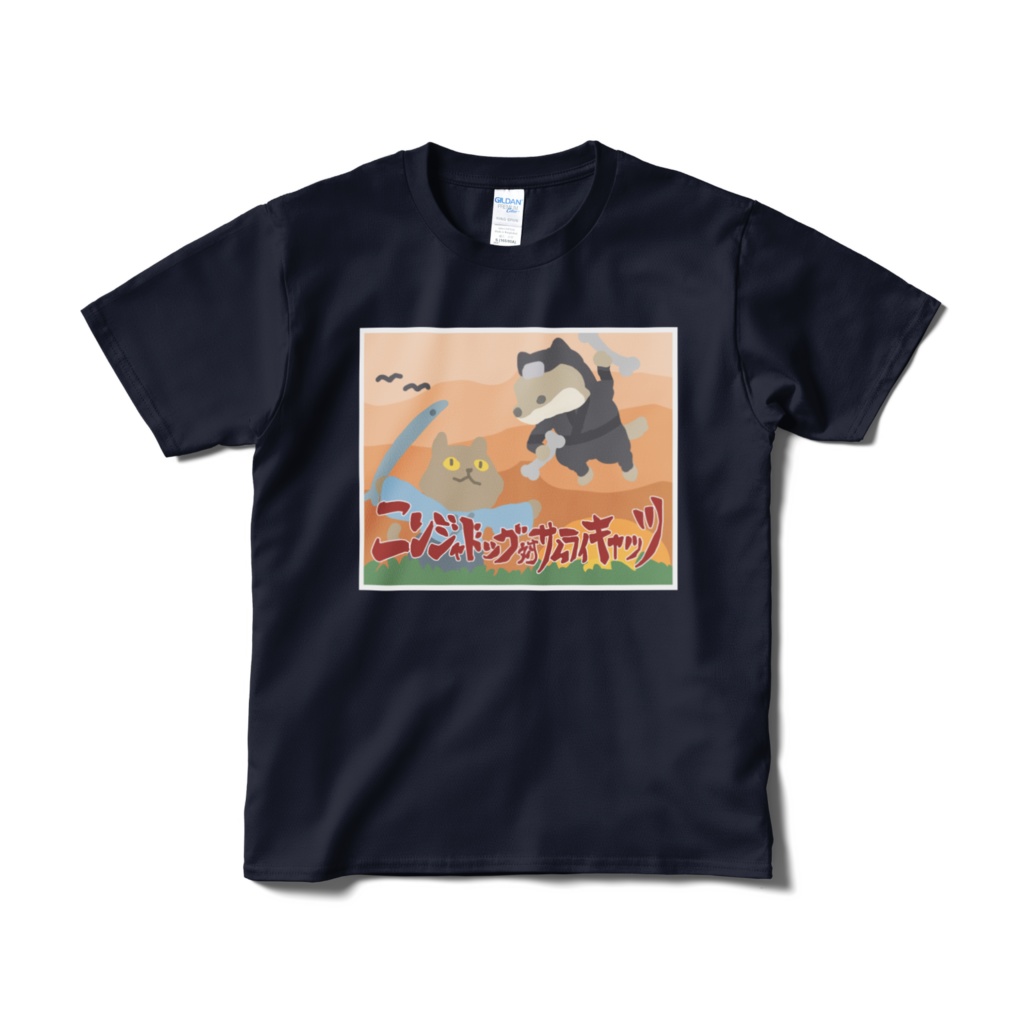 ニンジャドッグ対サムライキャッツ ポスター風Tシャツ