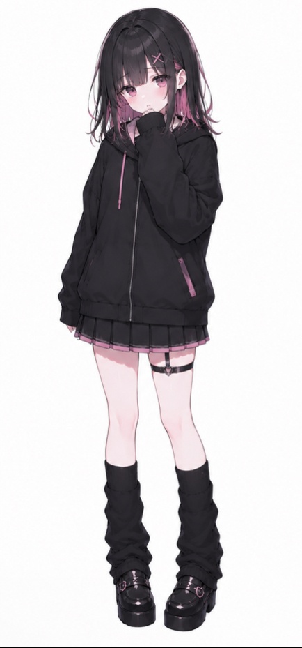 【地雷系女子】立ち絵イラスト素材 黒×ピンク セミロング 表情差分6種