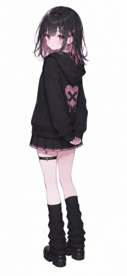 【地雷系女子】立ち絵イラスト素材 黒×ピンク セミロング 表情差分6種