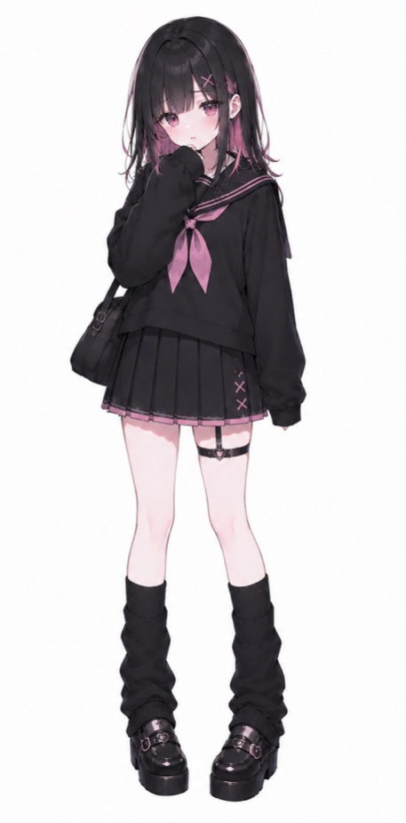 【地雷系女子】立ち絵イラスト素材 黒×ピンク セミロング 表情差分6種