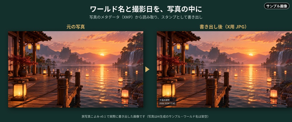 【無料版あり】旅写真こよみ (Tabi Koyomi)|VRChat向け SNS投稿画像づくりツール