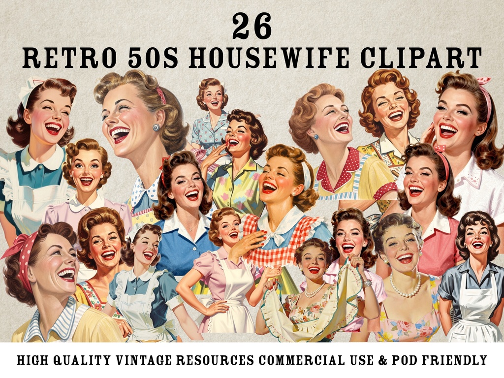 Retro 50s Housewife Clipart - ビンテージ主婦イラスト素材 26点 [商用/POD可]