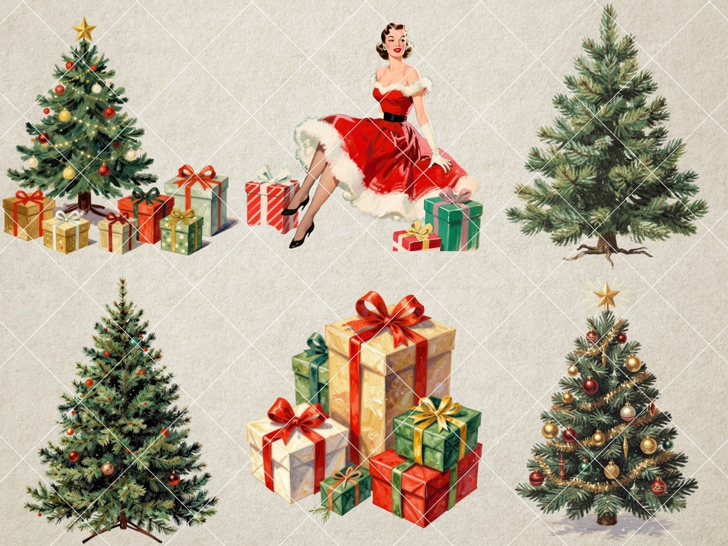 【期間限定無料】【商用利用可】レトロで懐かしい50年代クリスマス・イラスト素材集【背景透過・21点セット】