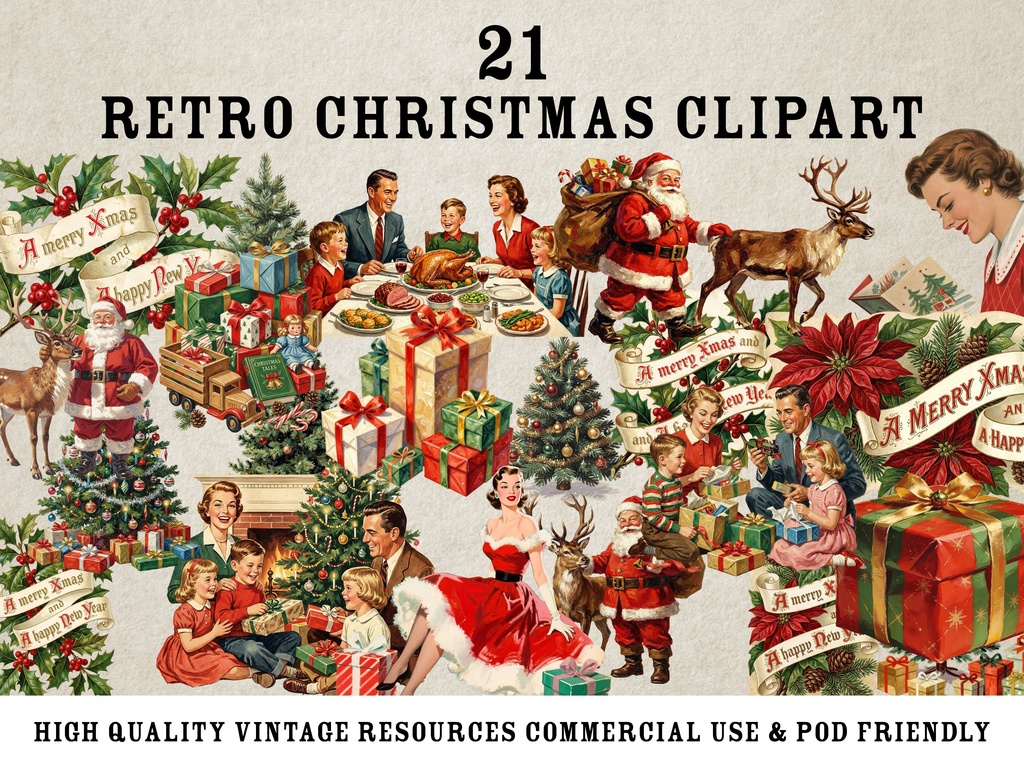 【期間限定無料】【商用利用可】レトロで懐かしい50年代クリスマス・イラスト素材集【背景透過・21点セット】