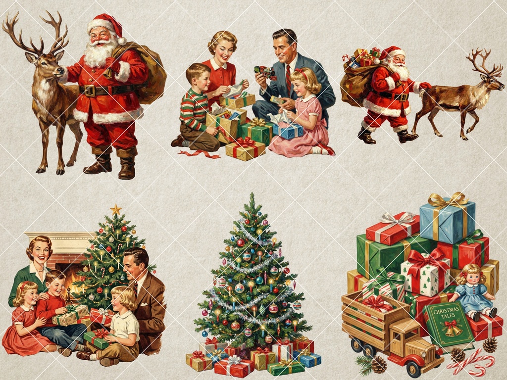 【期間限定無料】【商用利用可】レトロで懐かしい50年代クリスマス・イラスト素材集【背景透過・21点セット】