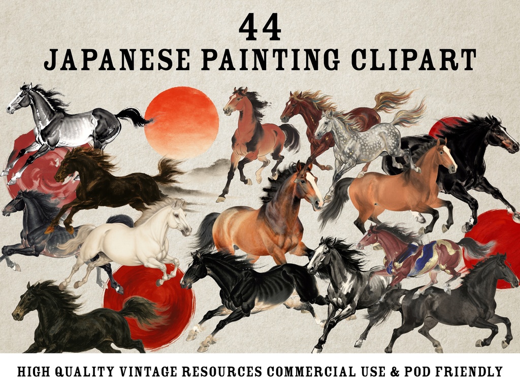 【商用利用可】和風・馬のイラスト素材集 44点セット｜ヴィンテージ・墨絵風・背景透過PNG